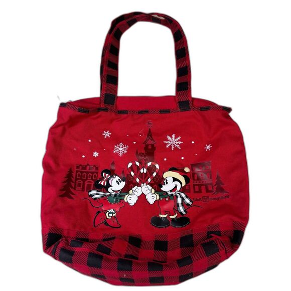 Disney Parks Walt Disney World Mickey and Minnie Mouse Holiday Tote Bag Red - Picture 1 of 8
